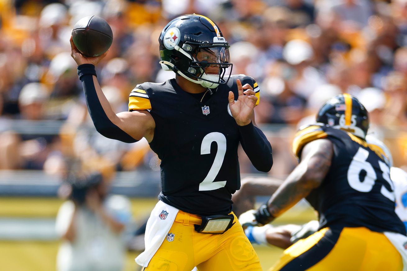 Justin Fields #2 of the Pittsburgh Steelers throws a pass in the first quarter during a game against the Los Angeles Chargers at Acrisure Stadium on September 22, 2024 in Pittsburgh, Pennsylvania.