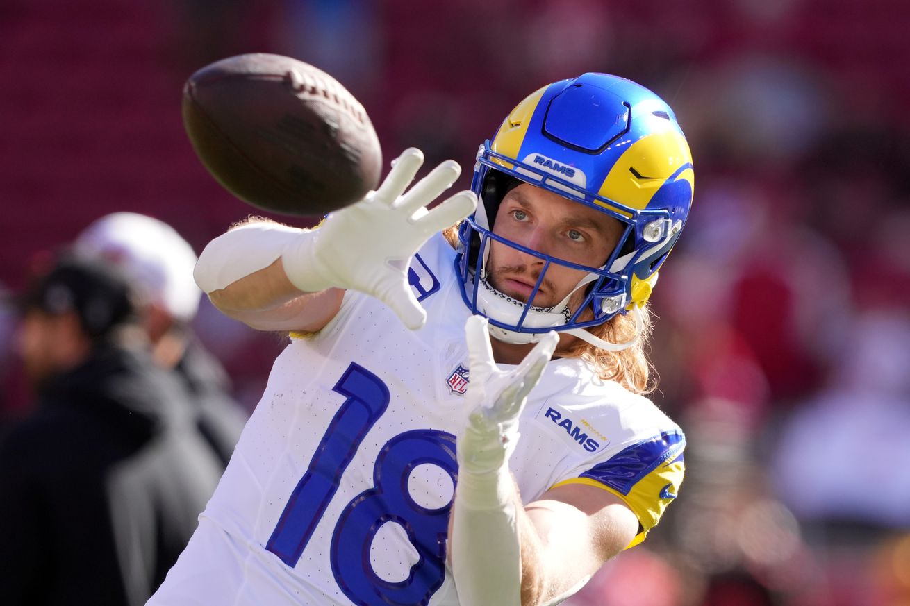 Santa Clara, California, USA; Los Angeles Rams wide receiver Ben Skowronek (18) warms up before the game against the San Francisco 49ers at Levi’s Stadium.