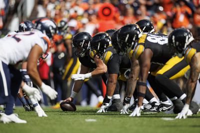 Pittsburgh Steelers offensive line readies up for a play against the Denver Broncos during a 2024 Week 2 regular season contest.