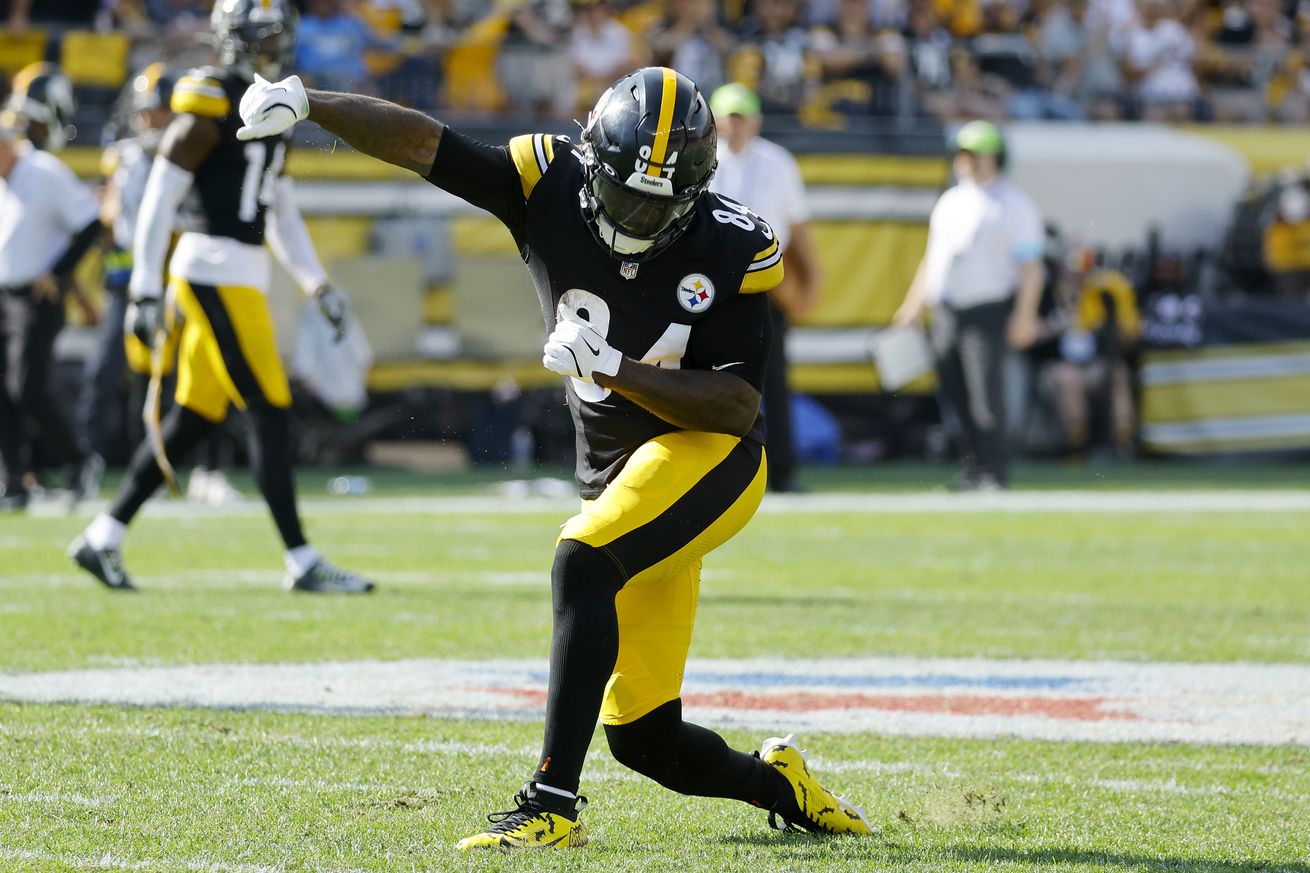 Cordarrelle Patterson #84 of the Pittsburgh Steelers reacts during the second half of the game against the Los Angeles Chargers at Acrisure Stadium on September 22, 2024 in Pittsburgh, Pennsylvania.