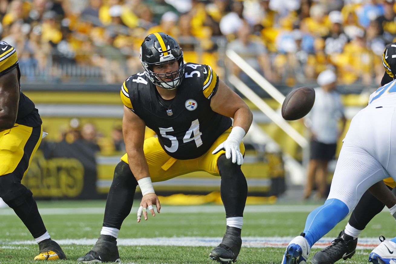 Zach Frazier #54 of the Pittsburgh Steelers in action against the Los Angeles Chargers on September 22, 2024 at Acrisure Stadium in Pittsburgh, Pennsylvania.