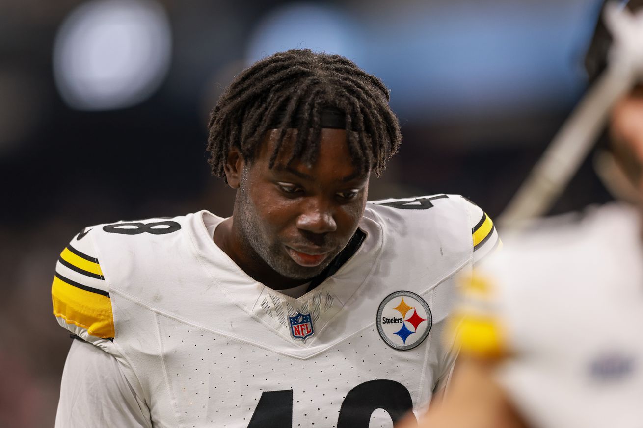 Pittsburgh Steelers linebacker Adetokunbo Ogundeji (48) walks off the field after a NFL game between the Pittsburgh Steelers a d the Las Vegas Raiders on October 13, 2024, at Allegiant Stadium in Las Vegas, NV.