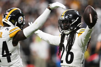 Pittsburgh Steelers cornerbacks Joey Porter Jr. and Donte Jackson celebrate after a Jackson interception during a Week 6 regular season victory over the Las Vegas Raiders. 