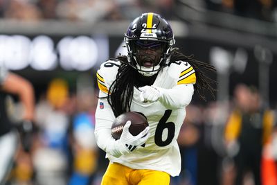 Pittsburgh Steelers cornerback Donte Jackson intercepts Las Vegas Raiders quarterback Aidan O’Connell during a Week 6 regular season contest from Allegiant Stadium.