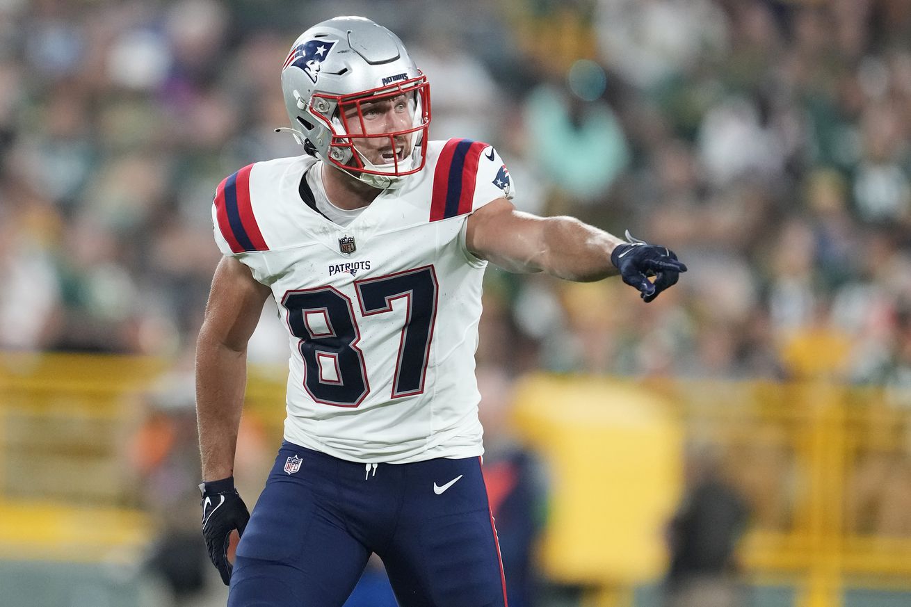 Matt Sokol #87 of the New England Patriots in action in the second half against the Green Bay Packers during a preseason game at Lambeau Field on August 19, 2023 in Green Bay, Wisconsin.