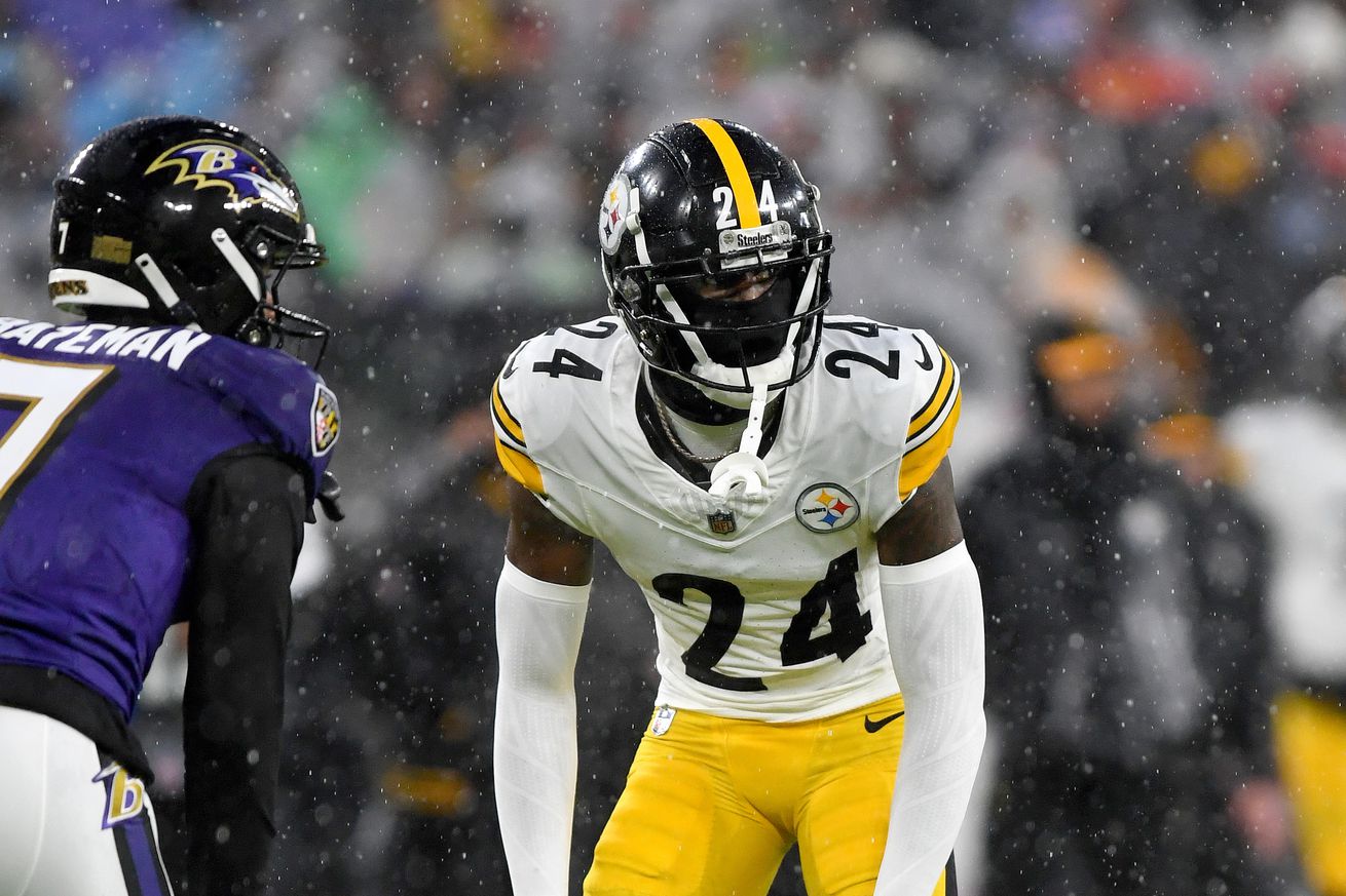 Steelers cornerback Joey Porter, Jr. (24) covers a receiver during the Pittsburgh Steelers versus Baltimore Ravens NFL game at M&amp;T Bank Stadium on January 6, 2024 in Baltimore, MD.