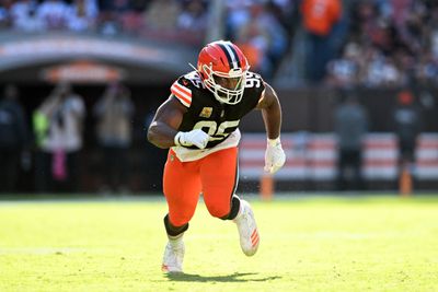 Myles Garrett #95 of the Cleveland Browns rushes the line of scrimmage during the fourth quarter against the Cincinnati Bengals at Huntington Bank Field on October 20, 2024 in Cleveland, Ohio.