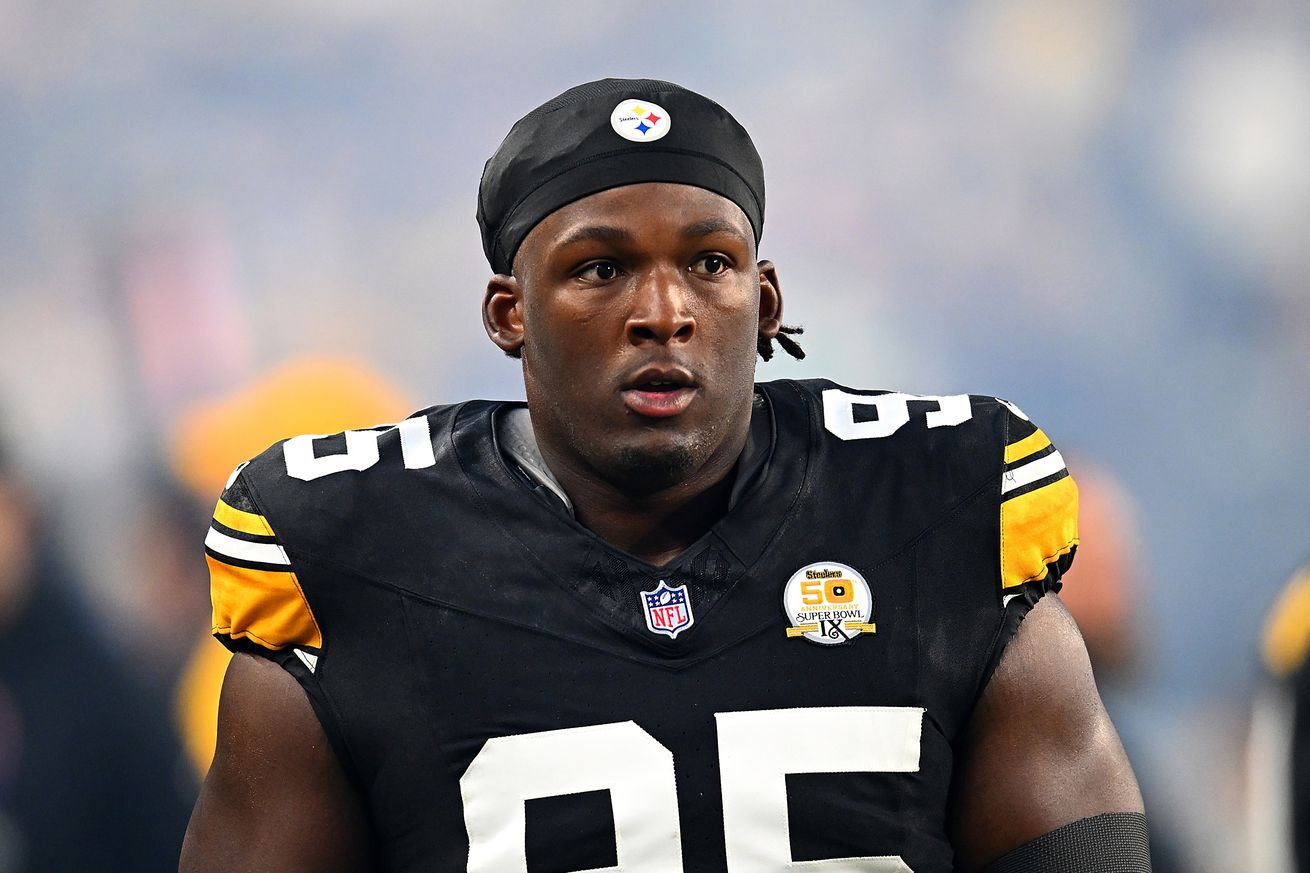 Keeanu Benton #95 of the Pittsburgh Steelers looks on during the game against the New York Jets at Acrisure Stadium on October 20, 2024 in Pittsburgh, Pennsylvania.