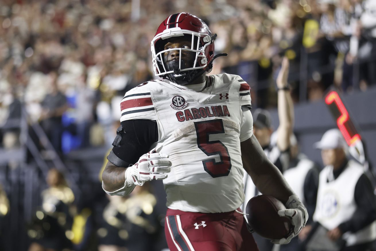 Raheim Sanders #5 of the South Carolina Gamecocks runs the ball in for a touchdown during the second half of the game between Vanderbilt and South Carolina at FirstBank Stadium on November 09, 2024 in Nashville, Tennessee.