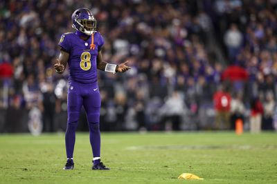 Baltimore Ravens quarterback Lamar Jackson reacts after a flag is thrown in a divisional contest against the Cincinnati Bengals. 