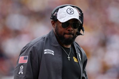 Head coach Mike Tomlin of the Pittsburgh Steelers looks on in the first half of a game against the Washington Commanders at Northwest Stadium on November 10, 2024 in Landover, Maryland.