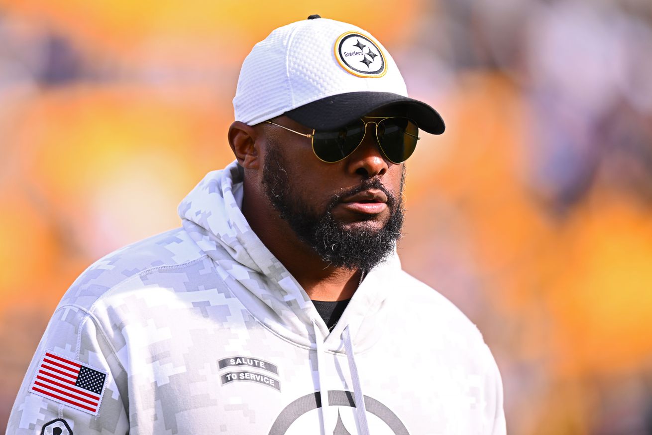 Head coach Mike Tomlin of the Pittsburgh Steelers looks on prior to a game against the Baltimore Ravens at Acrisure Stadium on November 17, 2024 in Pittsburgh, Pennsylvania.