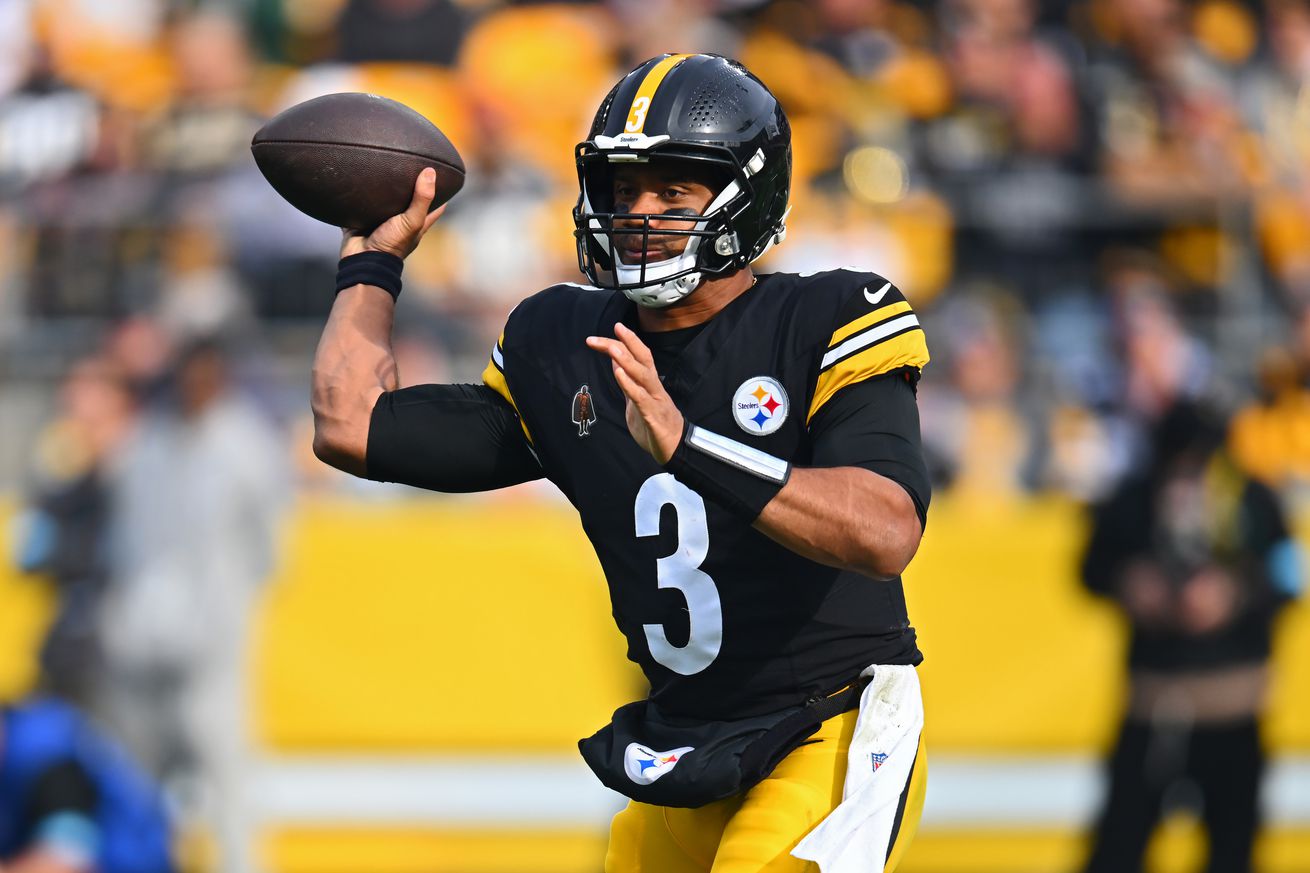 Russell Wilson #3 of the Pittsburgh Steelers looks to pass in the second quarter of a game against the Baltimore Ravens at Acrisure Stadium on November 17, 2024 in Pittsburgh, Pennsylvania.