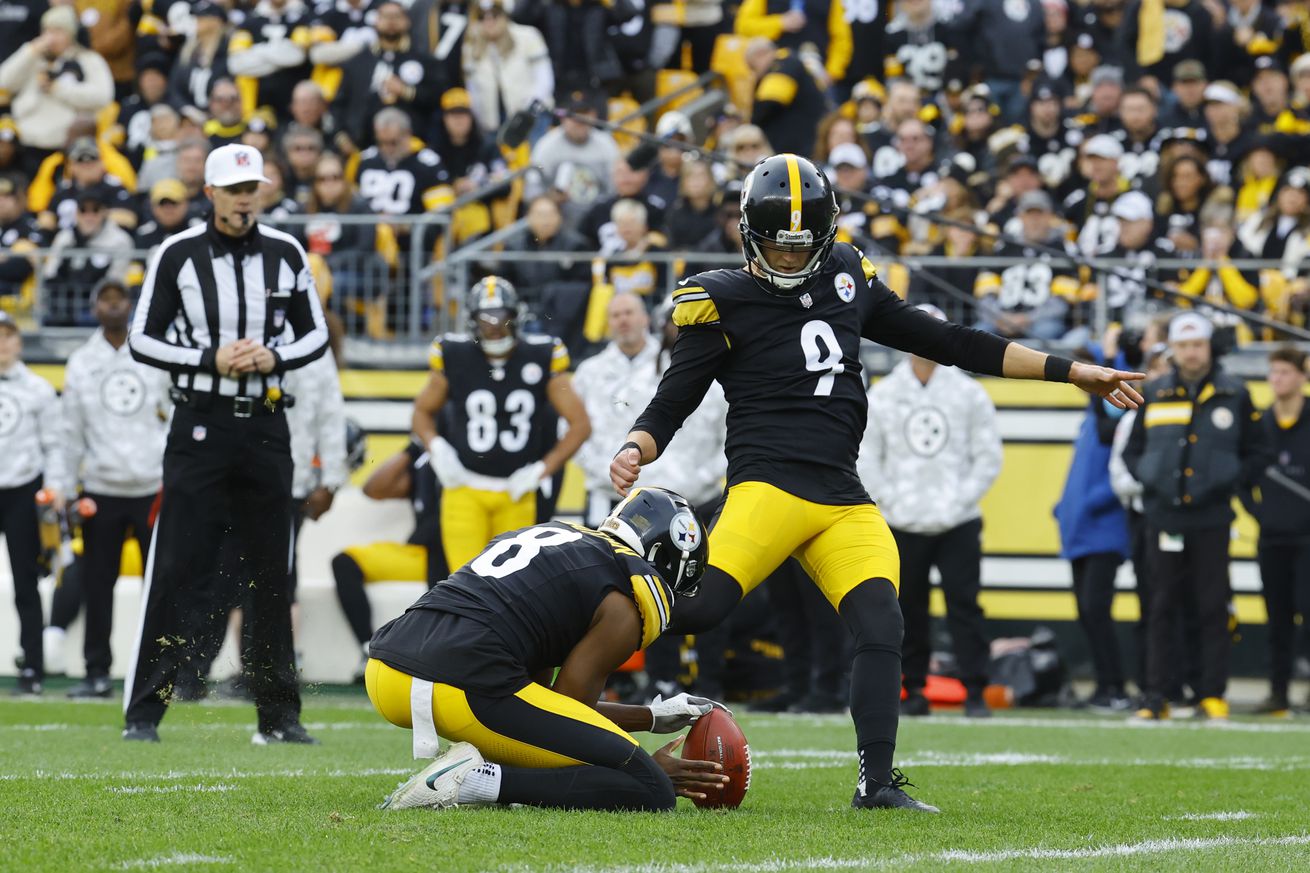 Chris Boswell #9 of the Pittsburgh Steelers reacts after a field goal in the fourth quarter of a game against the Baltimore Ravens at Acrisure Stadium on November 17, 2024 in Pittsburgh, Pennsylvania.