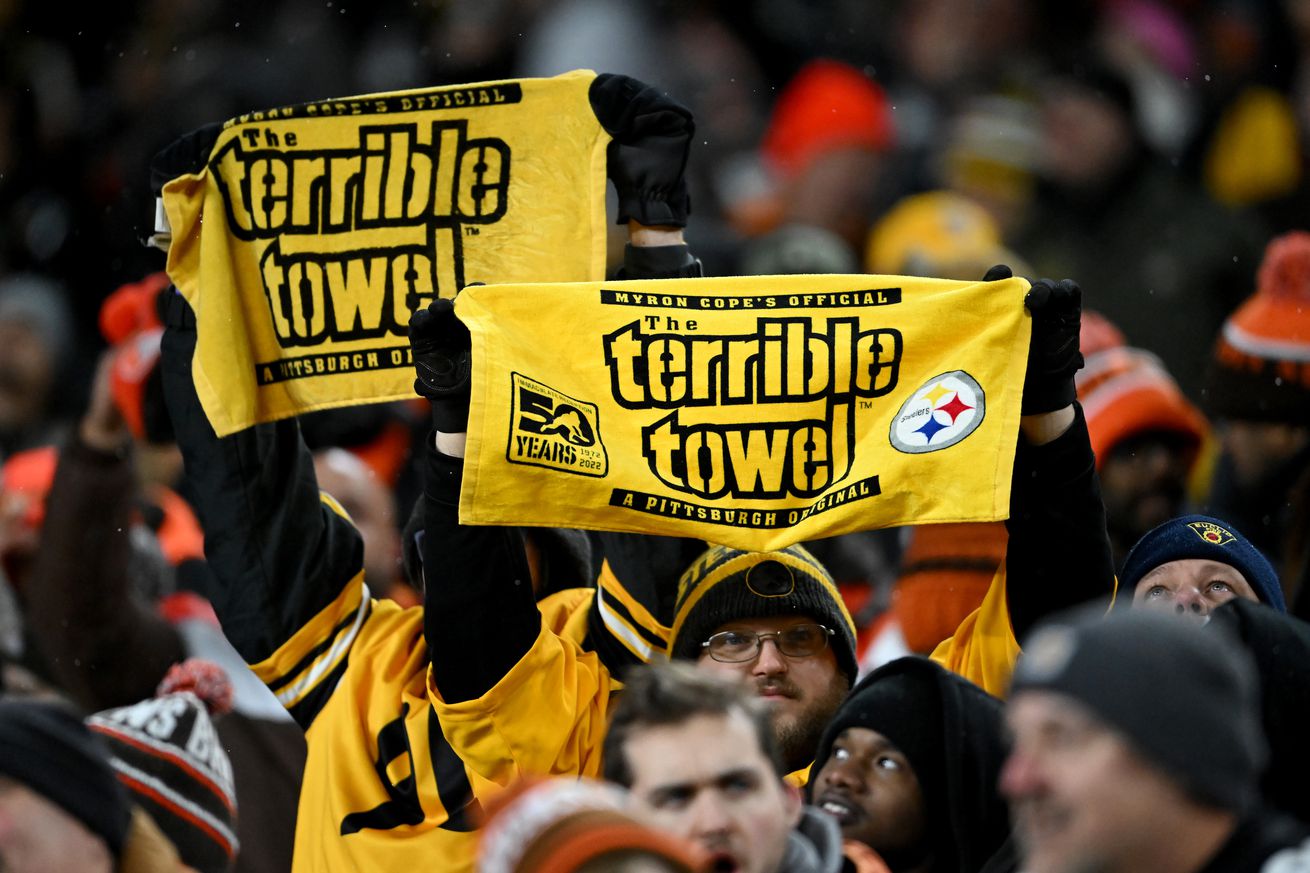 Pittsburgh Steelers fans cheer during the second quarter in the game between the Pittsburgh Steelers and the Cleveland Browns at Huntington Bank Field on November 21, 2024 in Cleveland, Ohio.