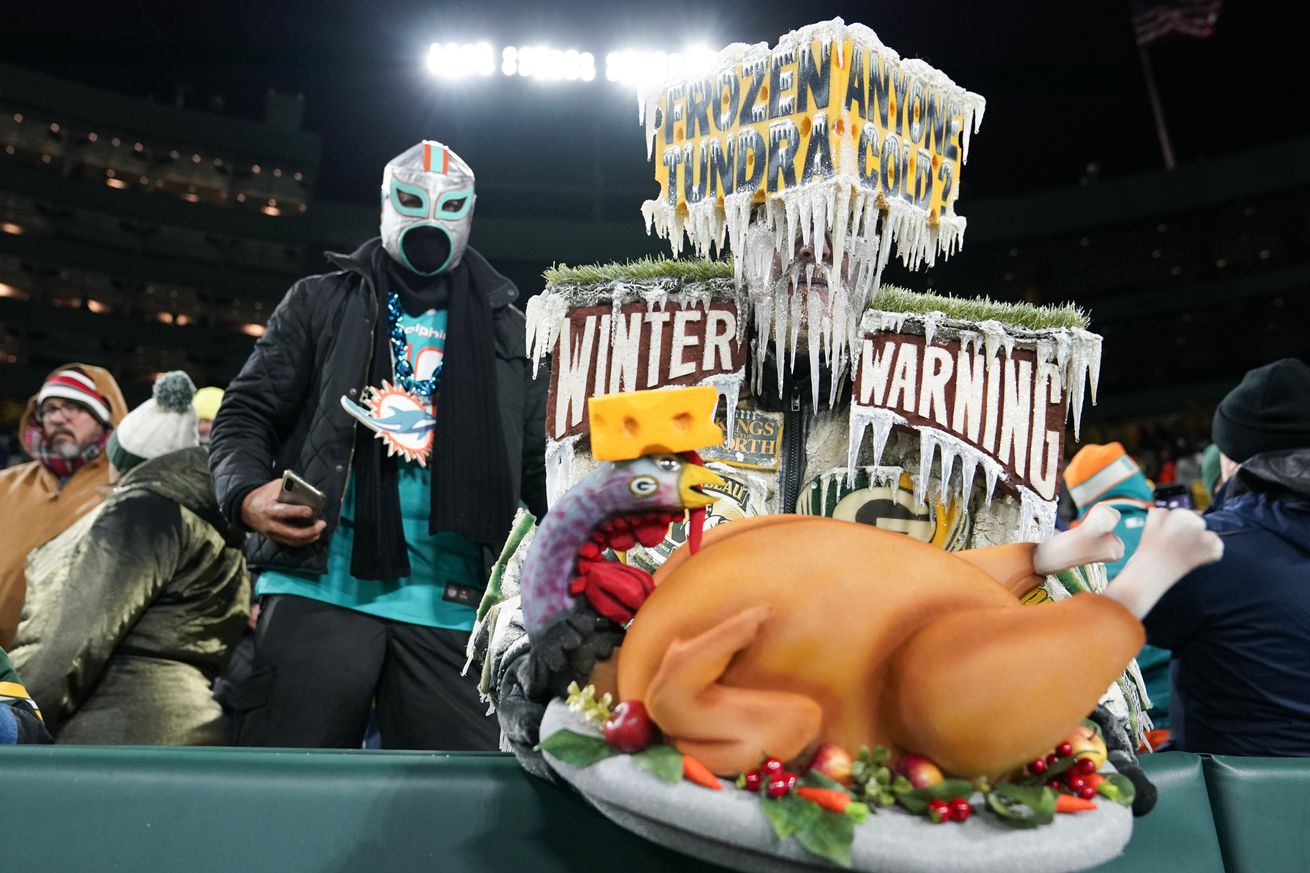 Fans pose for a photo prior to a game between the Miami Dolphins and Green Bay Packers at Lambeau Field on November 28, 2024 in Green Bay, Wisconsin.