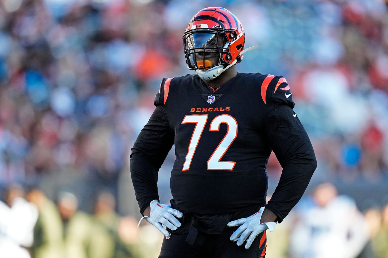 Cincinnati Bengals defensive tackle Domenique Davis (72) waits between plays in the fourth quarter during a Week 9 NFL game, Sunday, Nov. 6, 2022, at Paycor Stadium in Cincinnati.&nbsp;