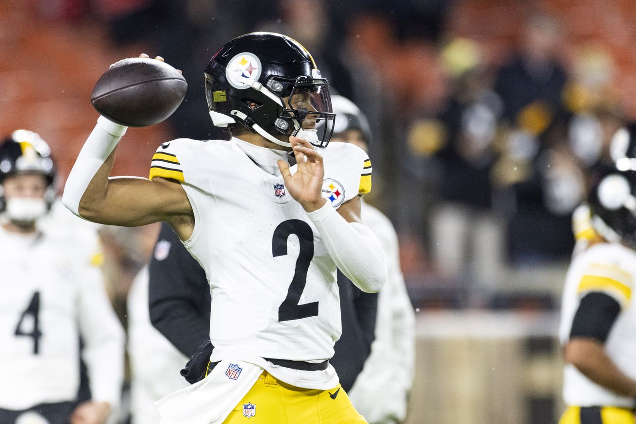 Pittsburgh Steelers quarterback Justin Fields (2) throws the ball during warm ups before the game against the Cleveland Browns at Huntington Bank Field Stadium.&nbsp;