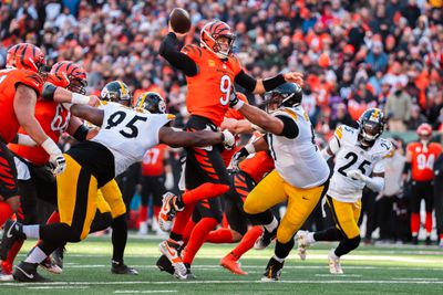 Quarterback Joe Burrow #9 of the Cincinnati Bengals looks to pass during the second quarter of an NFL football game against the Pittsburgh Steelers at Paycor Stadium on December 1, 2024 in Cincinnati, Ohio.