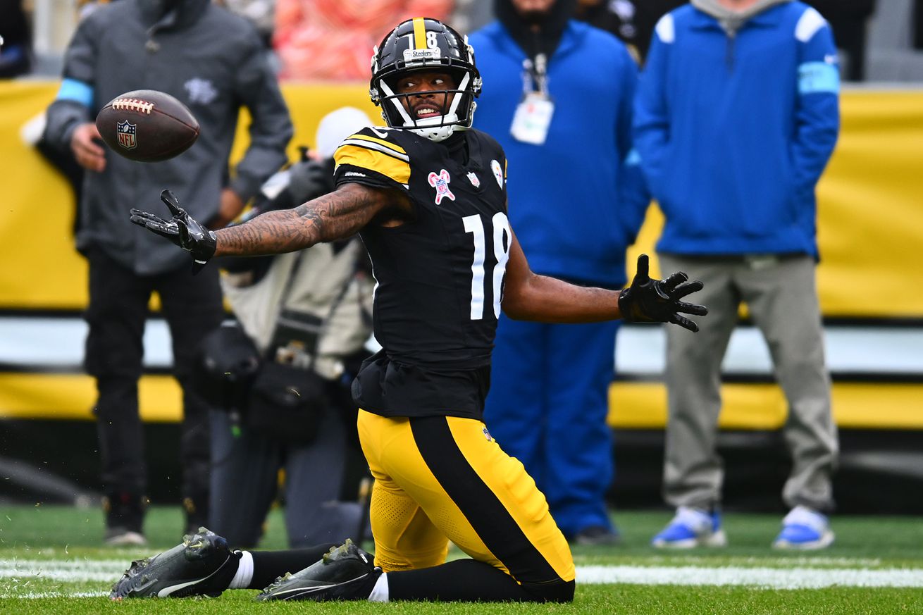 Mike Williams #18 of the Pittsburgh Steelers drops a pass during the second quarter against the Kansas City Chiefs at Acrisure Stadium on December 25, 2024 in Pittsburgh, Pennsylvania.  &nbsp;  