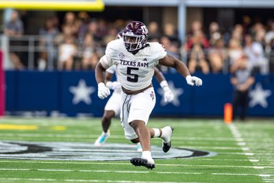 Texas A&amp;M product Shemar Turner rushes the Arkansas Razorbacks quarterback during the Southwest Classic college football game in 2023.