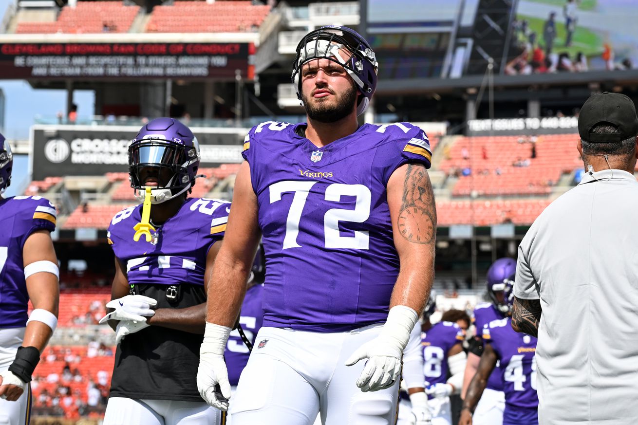 Doug Nester #72 of the Minnesota Vikings walks off the field prior to a preseason game against the Cleveland Browns at Cleveland Browns Stadium on August 17, 2024 in Cleveland, Ohio.