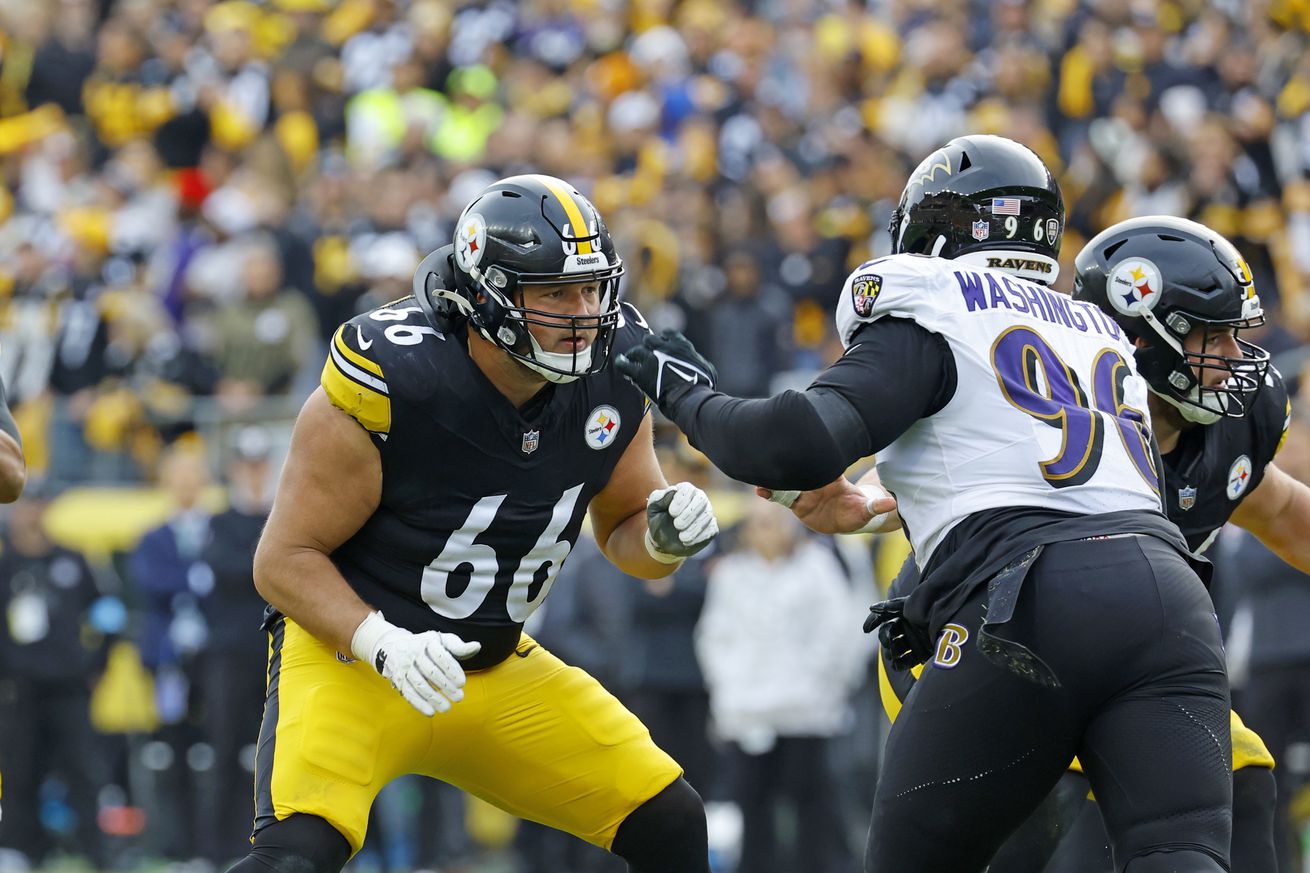 Mason McCormick #66 of the Pittsburgh Steelers in action against the Baltimore Ravens on November 17, 2024 at Acrisure Stadium in Pittsburgh, Pennsylvania.