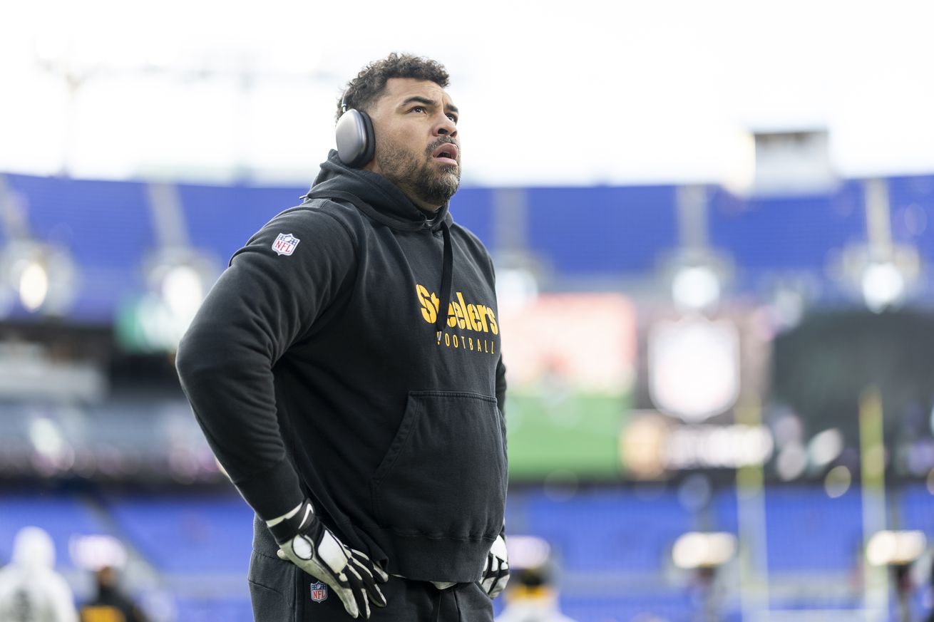 Cameron Heyward #97 of the Pittsburgh Steelers looks on prior to an NFL Football game against the Baltimore Ravens at M&amp;T Bank Stadium on December 21, 2024 in Baltimore, Maryland.