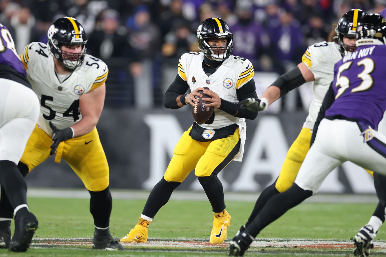 Russell Wilson #3 of the Pittsburgh Steelers steps back to pass during the fourth quarter against the Baltimore Ravens during the AFC Wild Card Playoff at M&amp;T Bank Stadium on January 11, 2025 in Baltimore, Maryland.