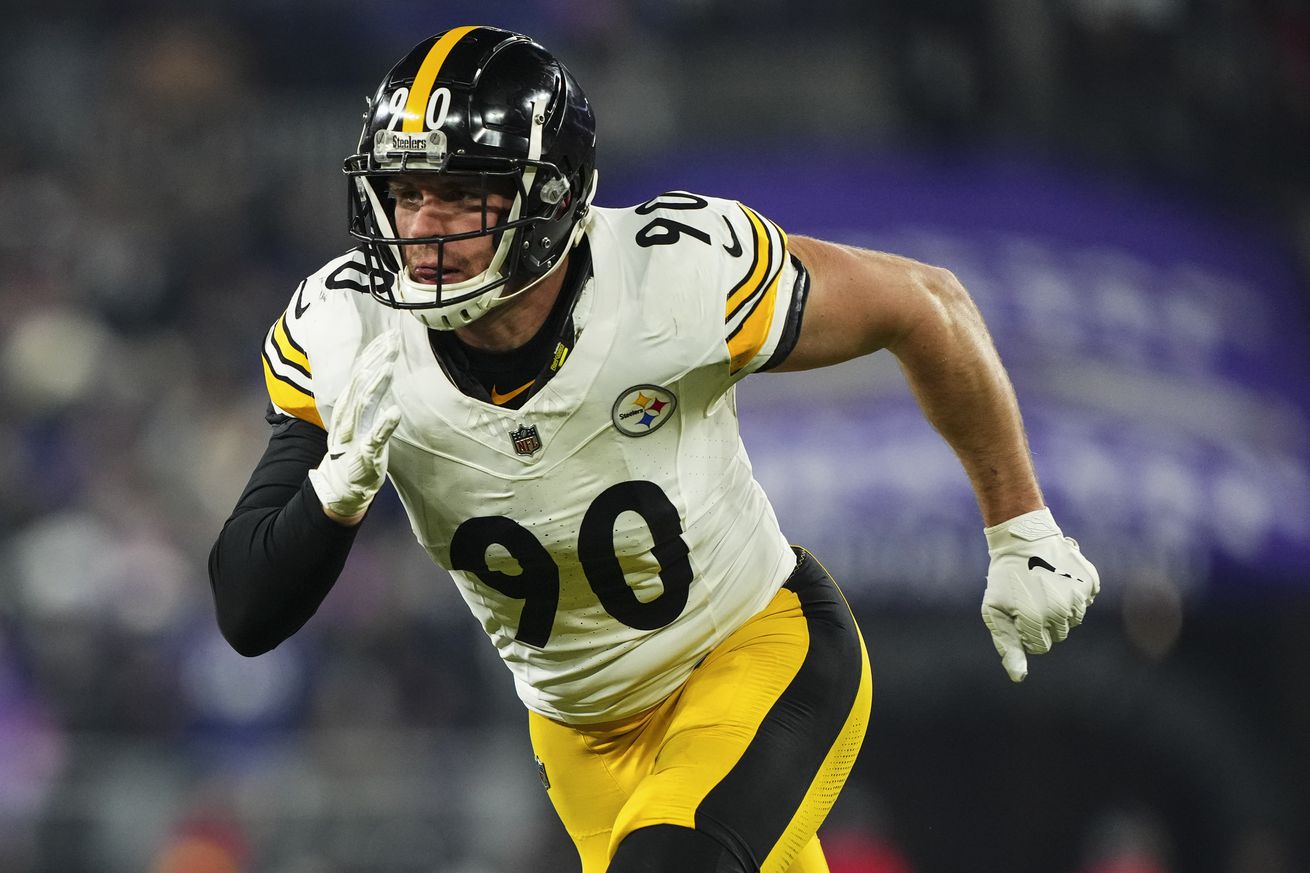 T.J. Watt #90 of the Pittsburgh Steelers rushes the passer during an NFL football wild card playoff game against the Baltimore Ravens at M&amp;T Bank Stadium on January 11, 2025 in Baltimore, Maryland.