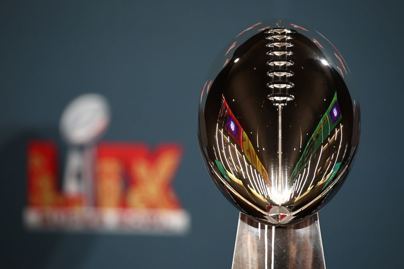 The Vince Lombardi Trophy is seen before NFL Commissioner Roger Goodell’s Super Bowl Press Conference ahead of Super Bowl LIX at Caesars Superdome on February 03, 2025 in New Orleans, Louisiana.