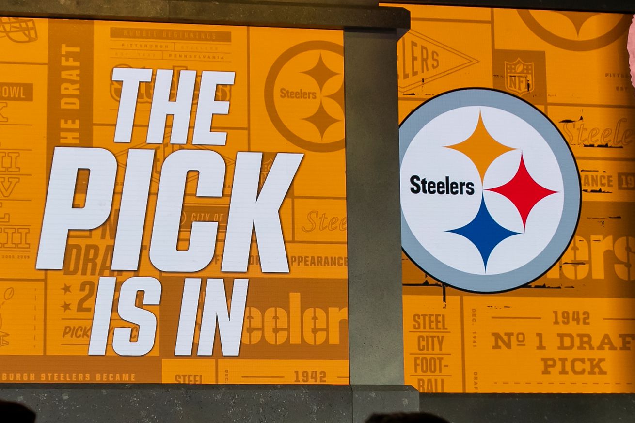 The pick graphic for the Pittsburgh Steelers on display during Round One of the 2023 NFL Draft at Union Station in Kansas City, MO.