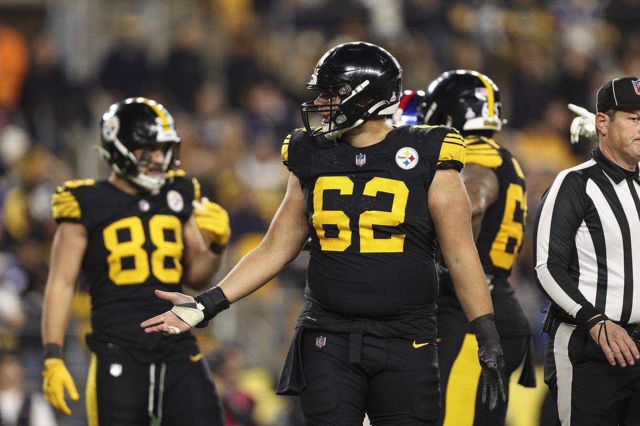 Ryan McCollum #62 of the Pittsburgh Steelers reacts during an NFL football game against the New York Giants at Acrisure Stadium on October 28, 2024 in Pittsburgh, Pennsylvania.