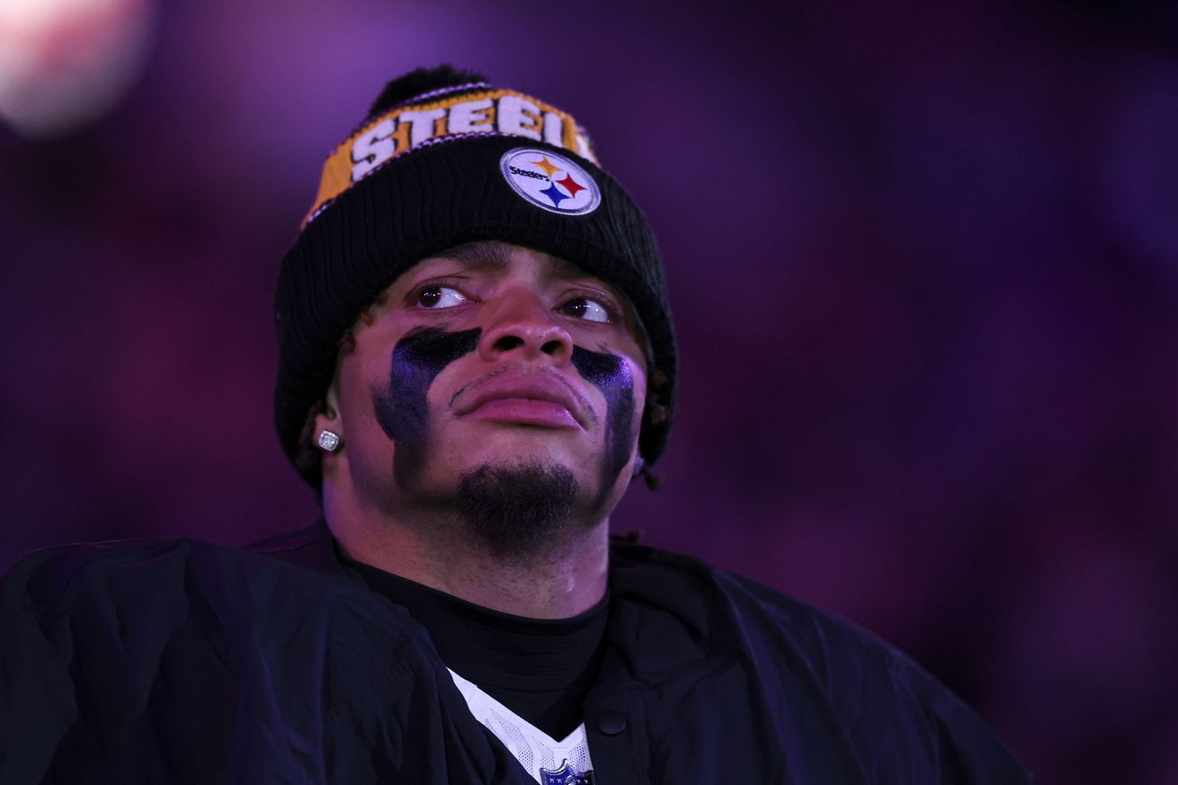 Justin Fields #2 of the Pittsburgh Steelers stands on the sidelines during the national anthem prior to an NFL football wild card playoff game against the Baltimore Ravens at M&amp;T Bank Stadium on January 11, 2025 in Baltimore, Maryland.