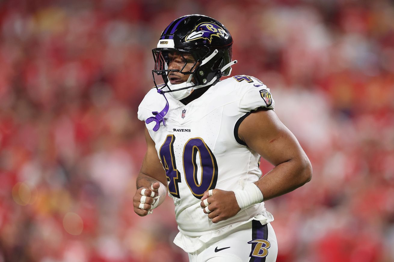 Linebacker Malik Harrison #40 of the Baltimore Ravens during the NFL game at GEHA Field at Arrowhead Stadium on September 05, 2024 in Kansas City, Missouri. The Chiefs defeated the Ravens 27-20.