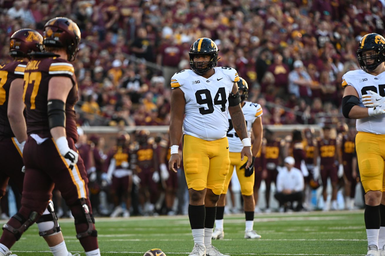 Iowa Hawkeyes DT Yahya Black sets up for a play during football game between the Iowa Hawkeyes and the Minnesota Golden Gophers on September 21, 2024, at Huntington Bank Stadium in Minneapolis, MN.