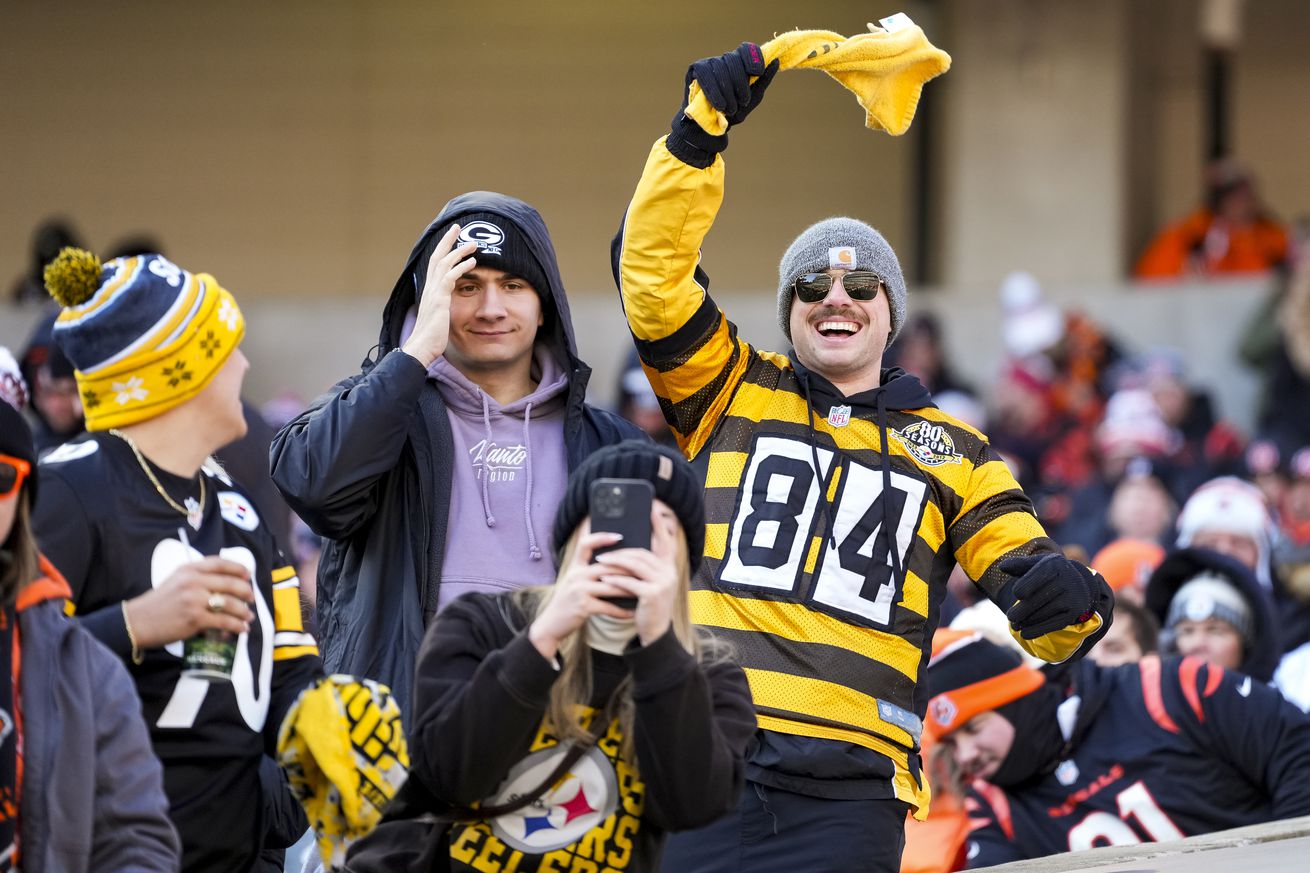 Pittsburgh Steelers fans cheer from the stands prior to an NFL football game against the Cincinnati Bengals, at Paycor Stadium on December 1, 2024 in Cincinnati, Ohio.