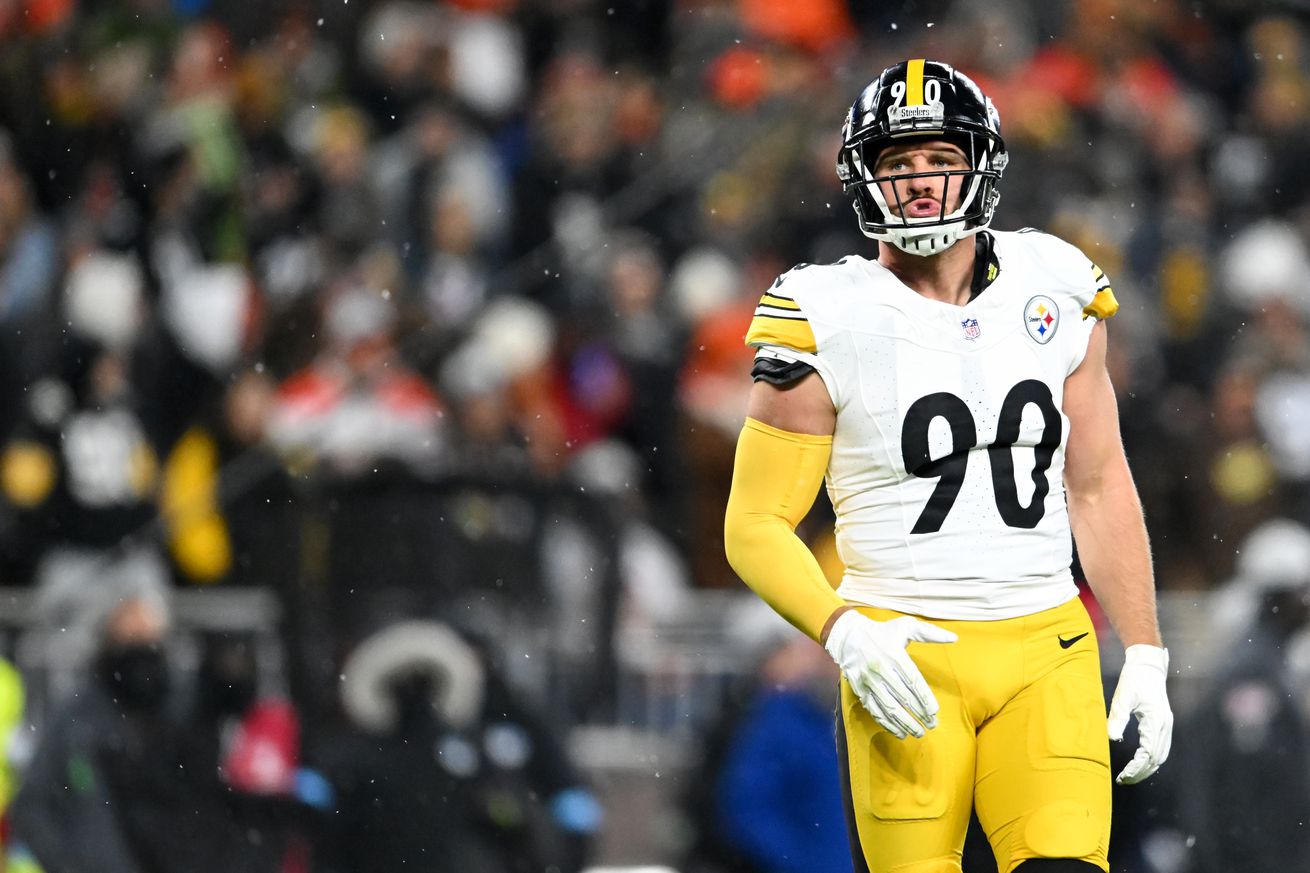 T.J. Watt #90 of the Pittsburgh Steelers looks on during the second quarter against the Cleveland Browns at Huntington Bank Field on November 21, 2024 in Cleveland, Ohio.