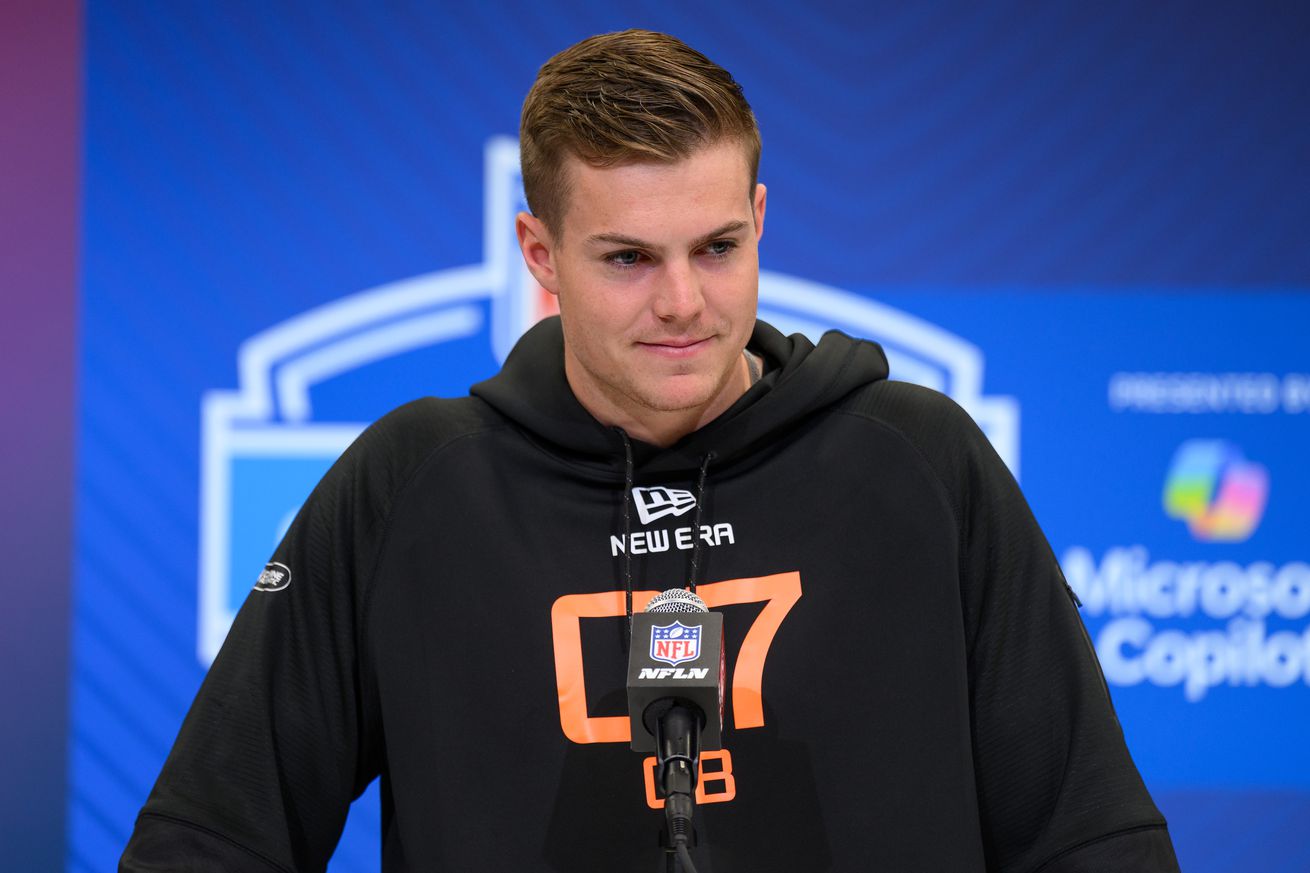 Ohio State quarterback Will Howard answers questions from the media during the NFL Scouting Combine on February 28, 2025, at the Indiana Convention Center in Indianapolis, IN.