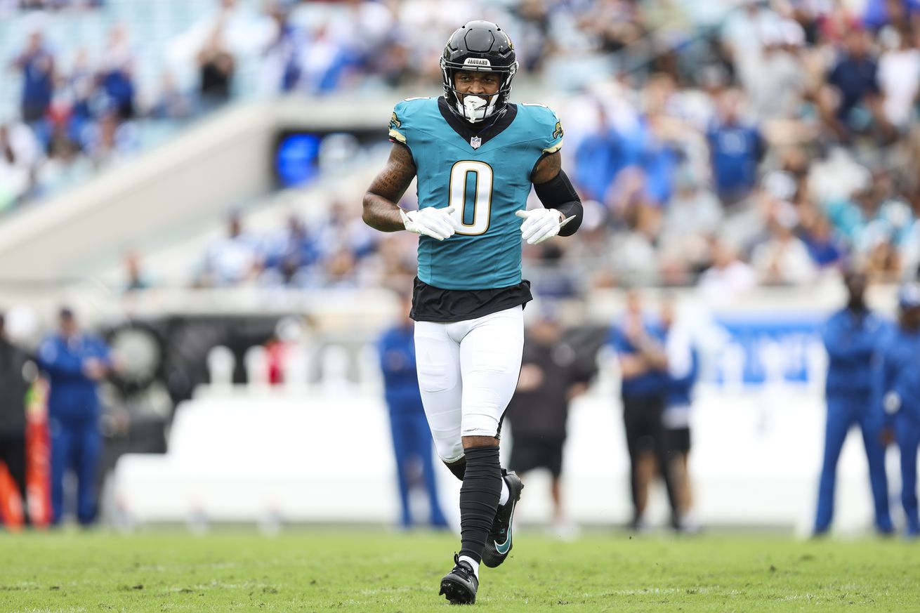 Gabe Davis #0 of the Jacksonville Jaguars runs across the field during an NFL football game against the Indianapolis Colts at EverBank Stadium on October 6, 2024 in Jacksonville, Florida.