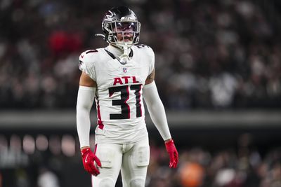 Justin Simmons #31 of the Atlanta Falcons lines up before the snap during an NFL football game against the Las Vegas Raiders at Allegiant Stadium on December 16, 2024 in Las Vegas, Nevada.