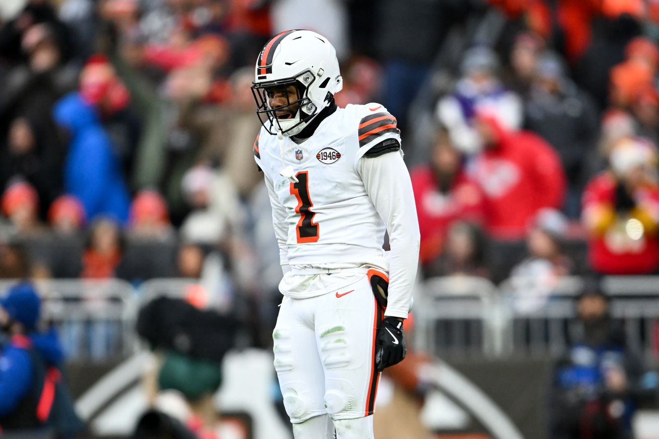 Juan Thornhill #1 of the Cleveland Browns celebrates during the first quarter against the Kansas City Chiefs at Huntington Bank Field on December 15, 2024 in Cleveland, Ohio.