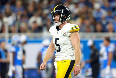 Pittsburgh Steelers punter Cameron Johnston (5) walks on the field during a preseason game between the Detroit Lions and the Pittsburgh Steelers in Detroit, Michigan USA, on Saturday, August 24, 2024