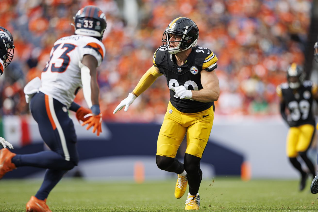 Linebacker T.J. Watt #90 of the Pittsburgh Steelers rushes the passer during the third quarter of an NFL football game against the Denver Broncos, at Empower Field at Mile High on September 15, 2024 in Denver, Colorado.