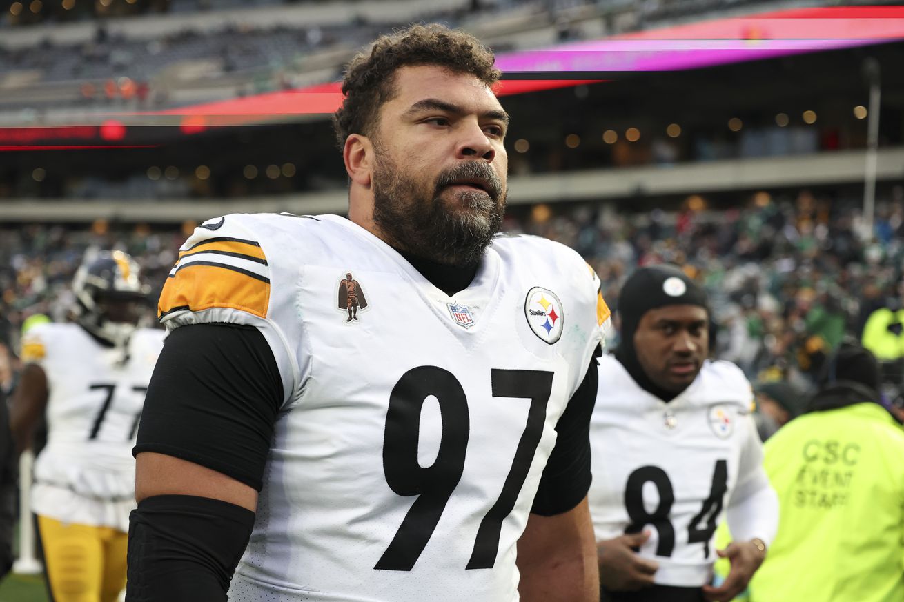Cameron Heyward #97 of the Pittsburgh Steelers looks on prior to an NFL football game against the Philadelphia Eagles at Lincoln Financial Field on December 15, 2024 in Philadelphia, Pennsylvania. The Eagles defeated the Steelers 27-13.