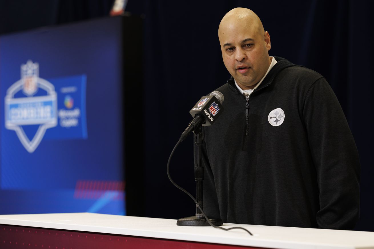 General manager Omar Khan of the Pittsburgh Steelers speaks at the podium during the 2025 NFL Combine at the Indiana Convention Center on February 25, 2025 in Indianapolis, Indiana.