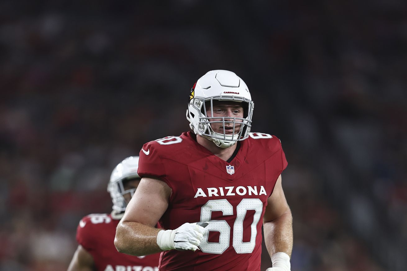 Jacob Slade #60 of the Arizona Cardinals runs during an NFL preseason football game between the Arizona Cardinals and the Kansas City Chiefs at State Farm Stadium on August 19, 2023 in Glendale, Arizona.