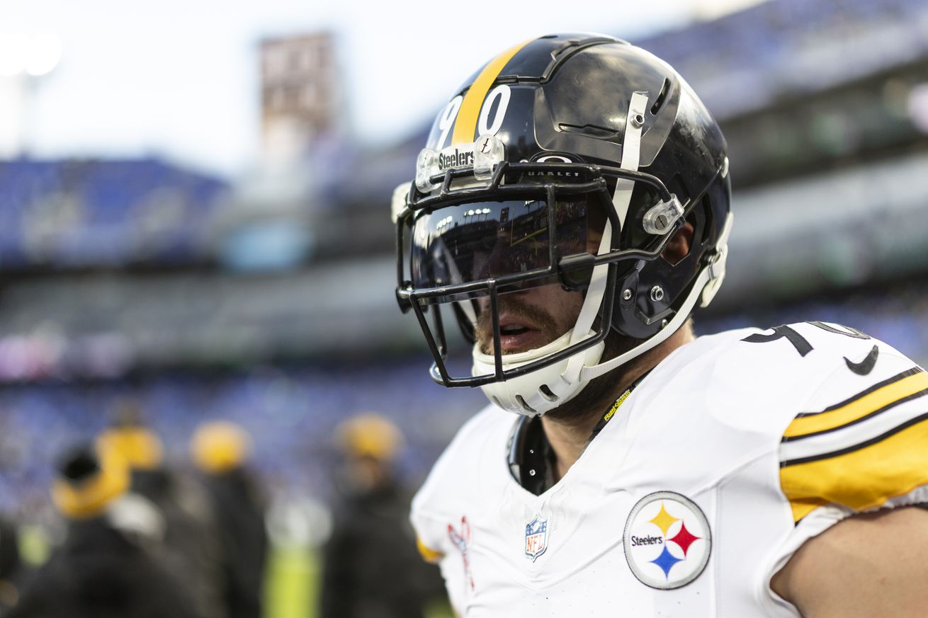 T.J. Watt #90 of the Pittsburgh Steelers looks on prior to an NFL Football game against the Baltimore Ravens at M&T Bank Stadium on December 21, 2024 in Baltimore, Maryland.
